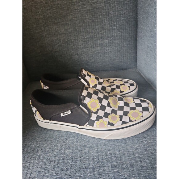 Vans Black & White Checkered Slip-on Shoes w/ Flowers Women's Size 8.5 - Picture 1 of 10